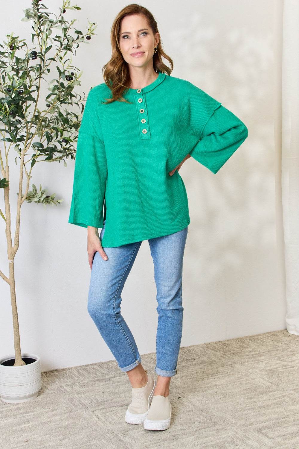 Zenana Full Size Ribbed Half Button Slit Knit Top - DaTrendStore.Com
