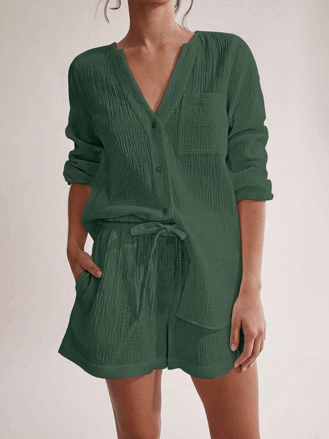 Notched Long Sleeve Top and Shorts Set - DaTrendStore.Com