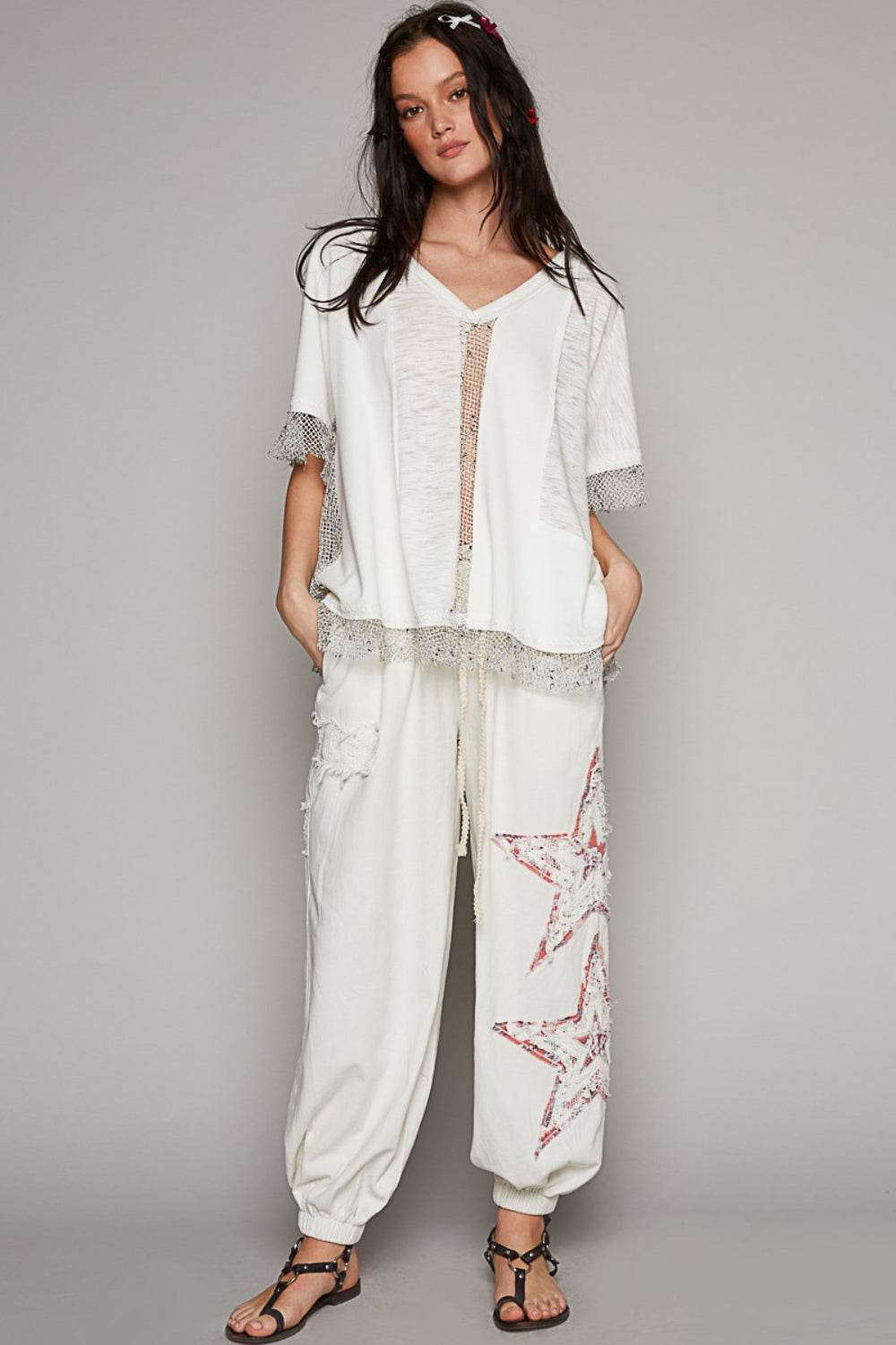 POL Openwork V-Neck Half Sleeve Top - DaTrendStore.Com