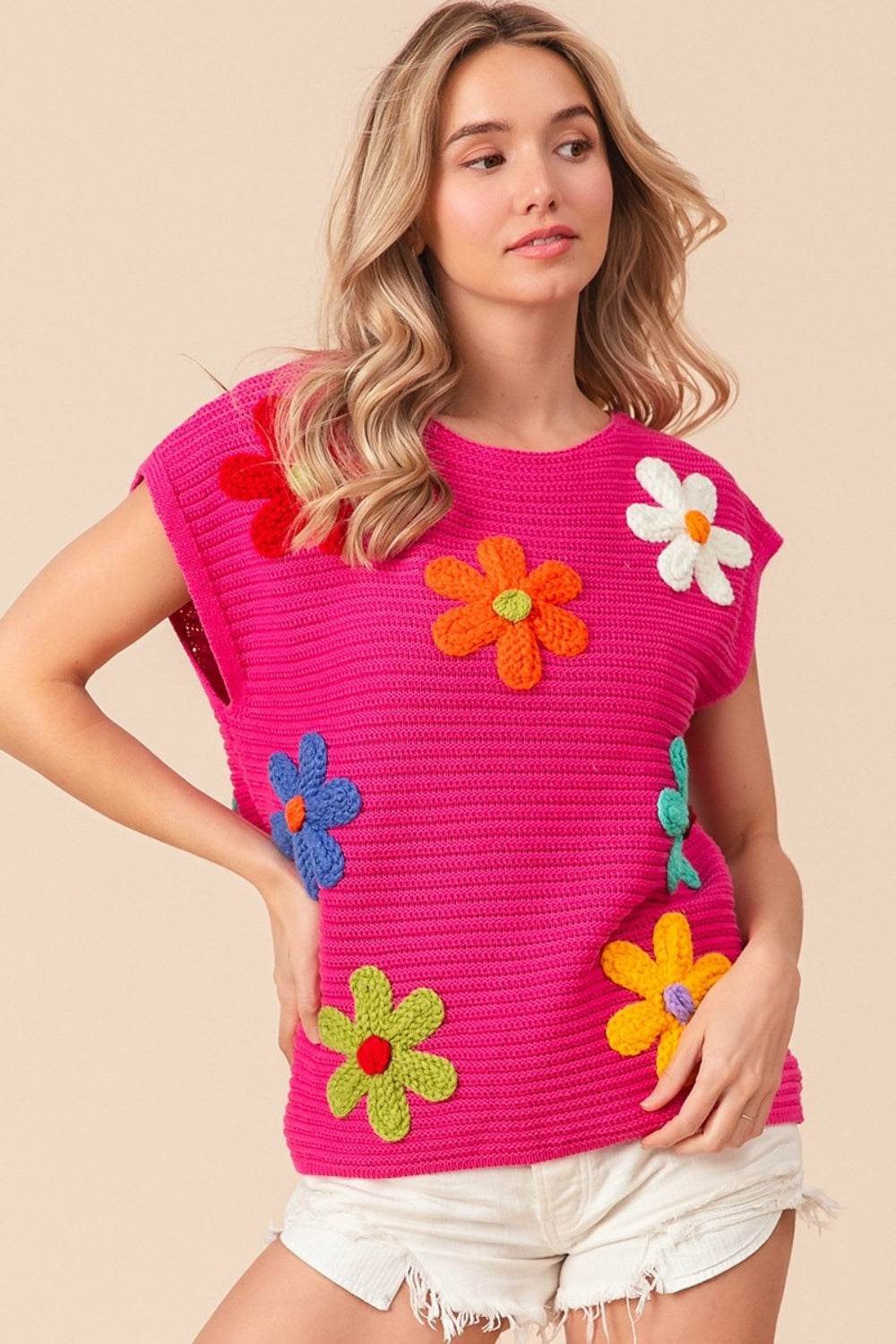 BiBi Flower Round Neck Cap Sleeve Knit Top - DaTrendStore.Com