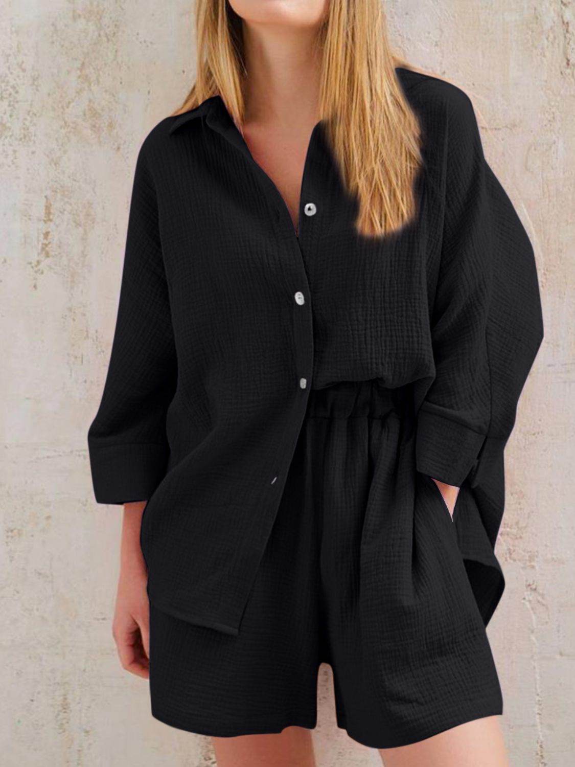 Texture Button Up Shirt and Shorts Set - DaTrendStore.Com