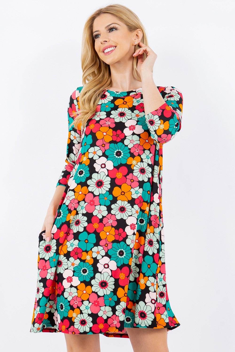 Celeste Full Size Floral Three-Quarter Sleeve Dress with Pockets - DaTrendStore.Com