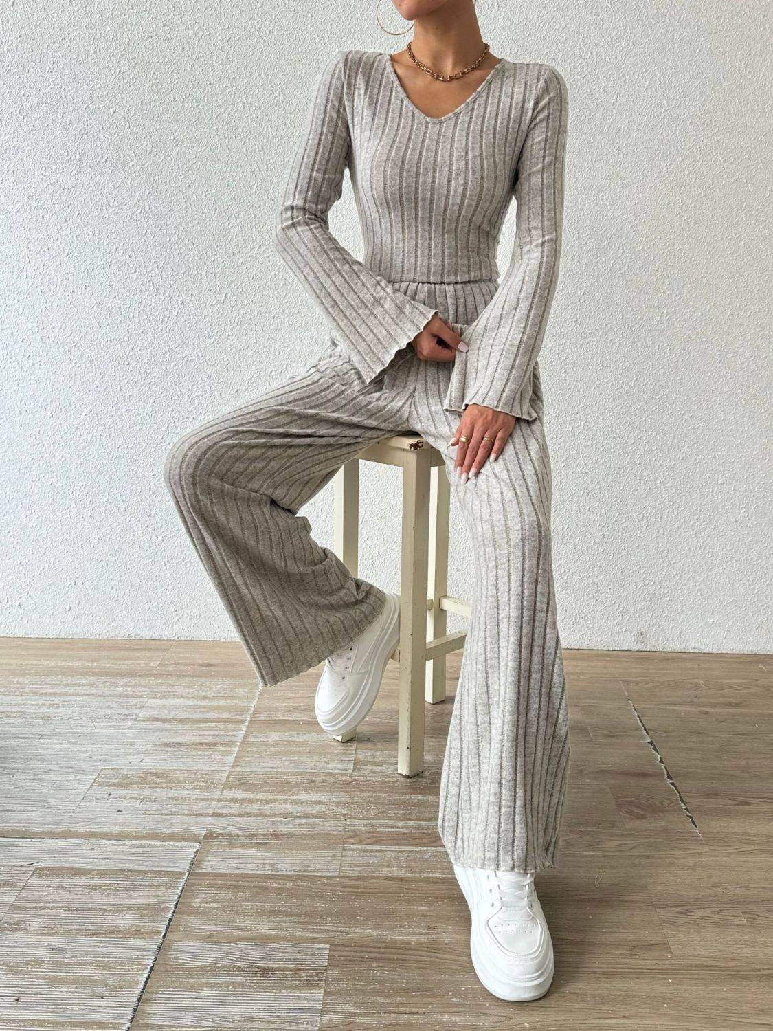Ribbed V-Neck Long Sleeve Top and Pocketed Pants Set - DaTrendStore.Com