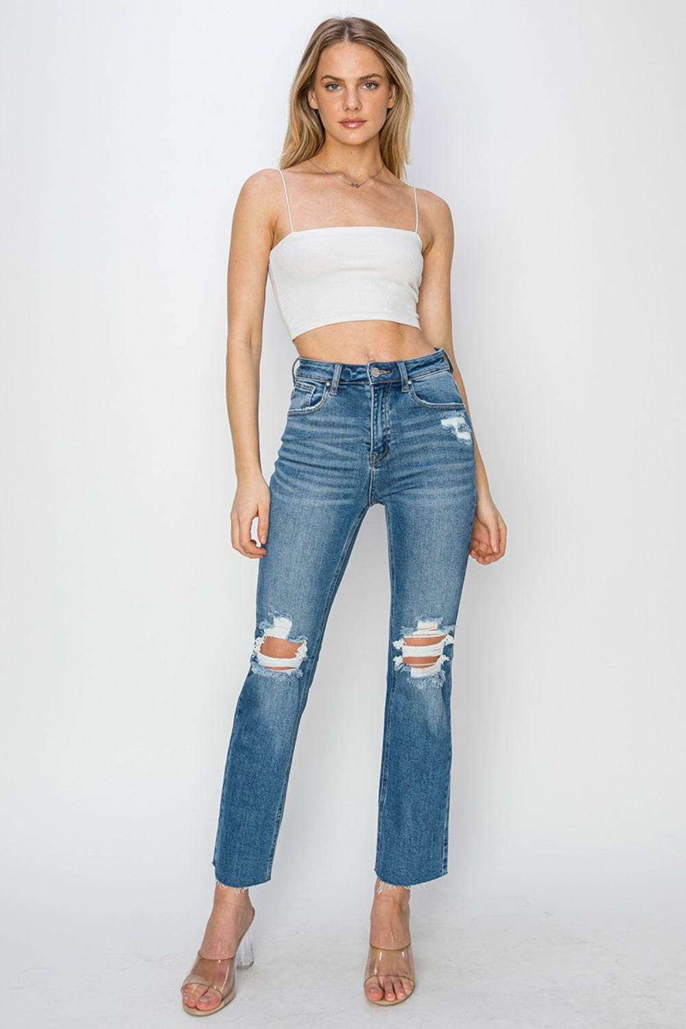 RISEN High Rise Distressed Ankle Jeans - DaTrendStore.Com