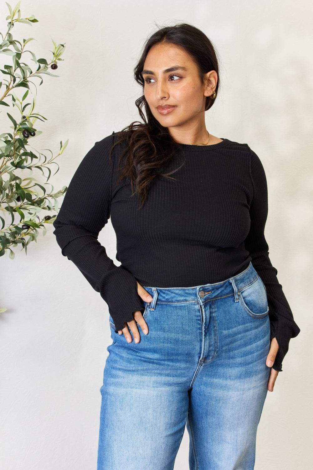 Culture Code Full Size Ribbed Round Neck Long Sleeve Top - DaTrendStore.Com