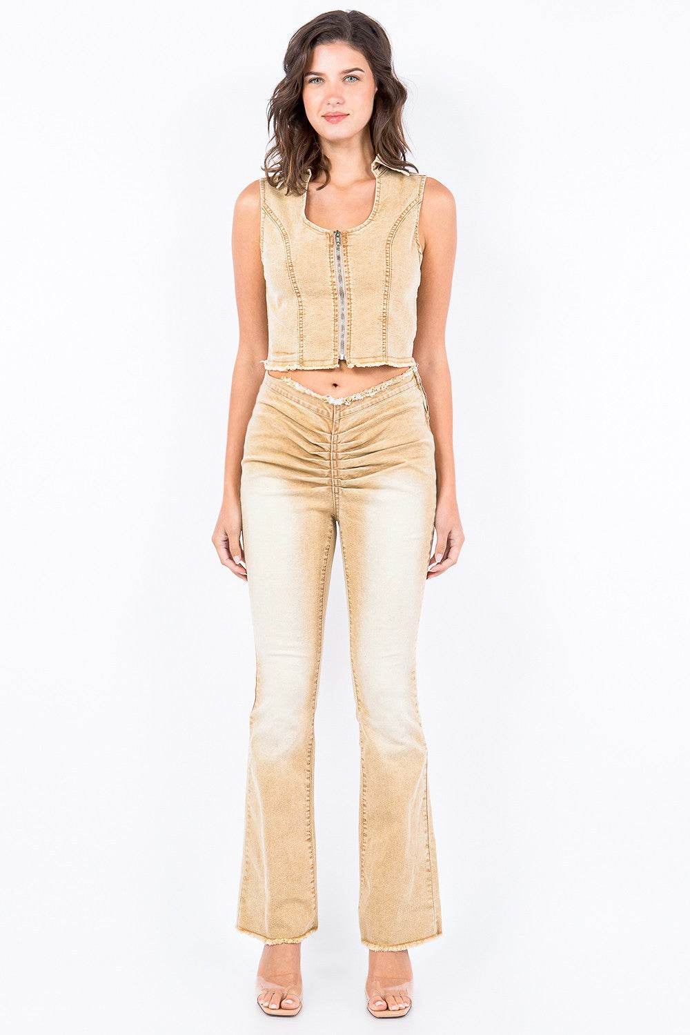 American Bazi V-Cut Ruched Flare Pants - DaTrendStore.Com