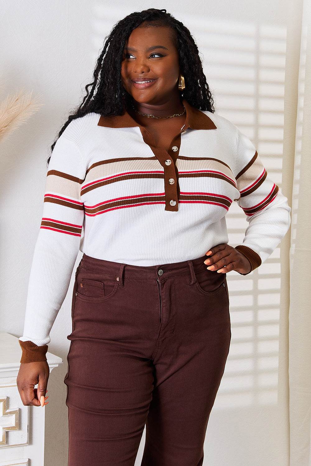 Basic Bae Striped Collared Neck Rib-Knit Top - DaTrendStore.Com
