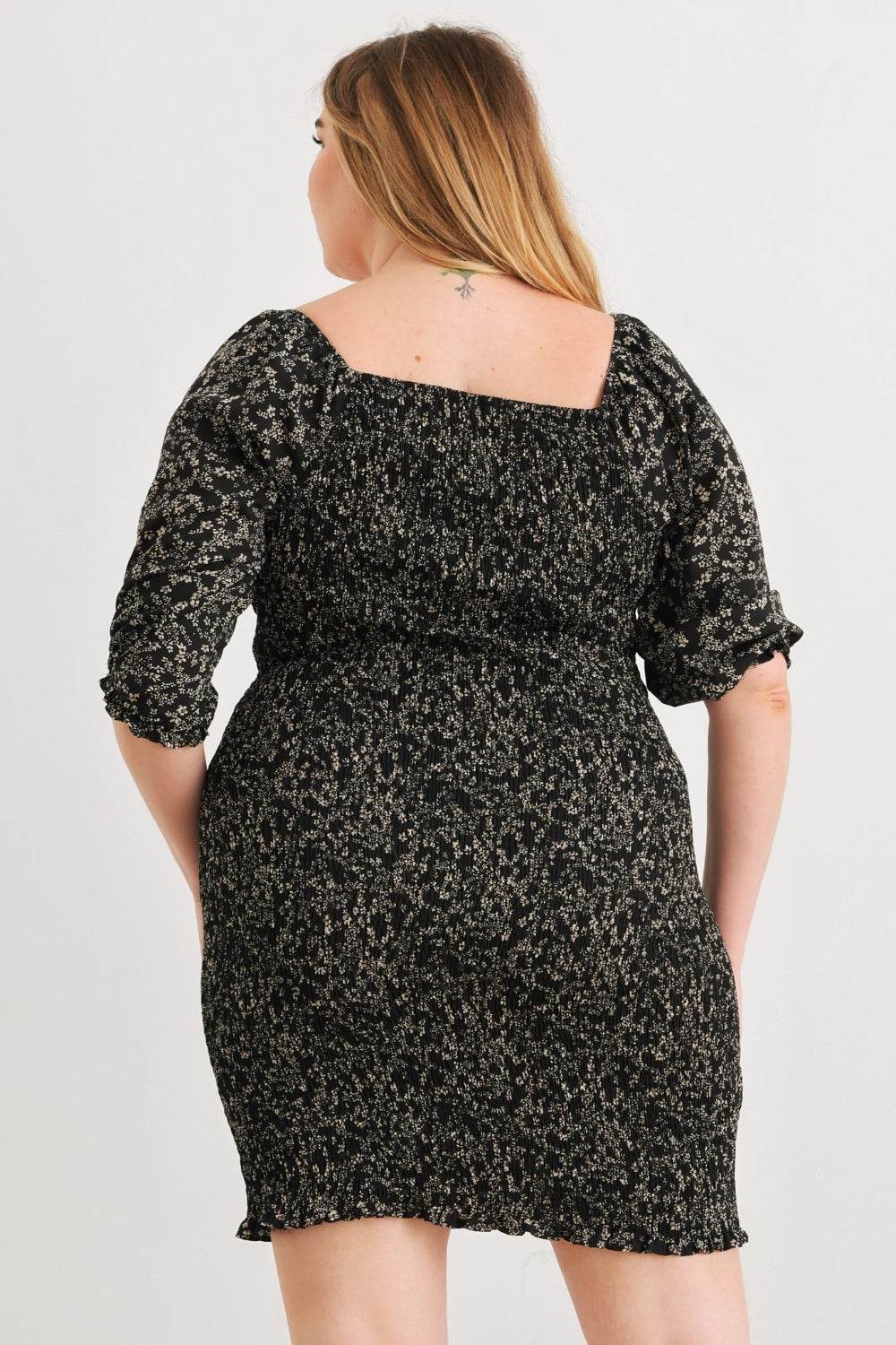 Zenobia Plus Size Smocked Printed Square Neck Mini Dress - DaTrendStore.Com