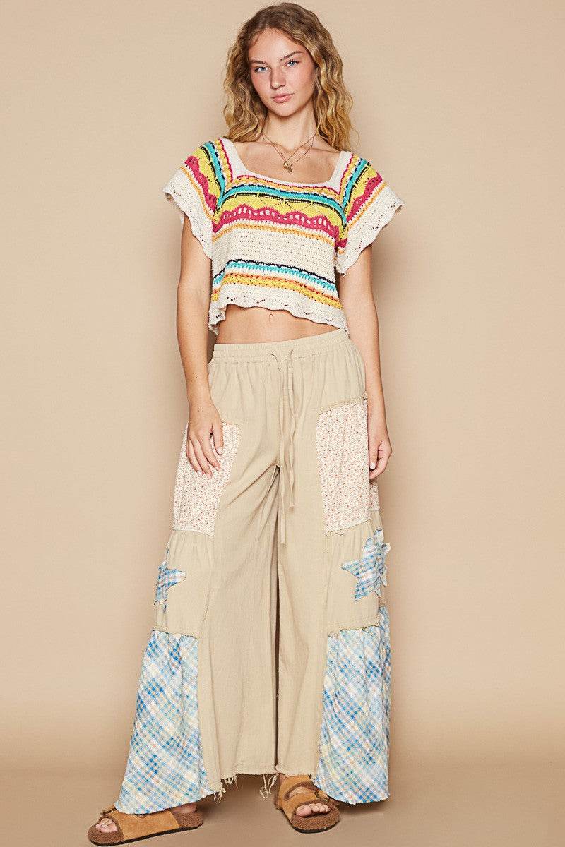 POL Openwork Ethnic Pattern Square Neck Cropped Knit Top - DaTrendStore.Com