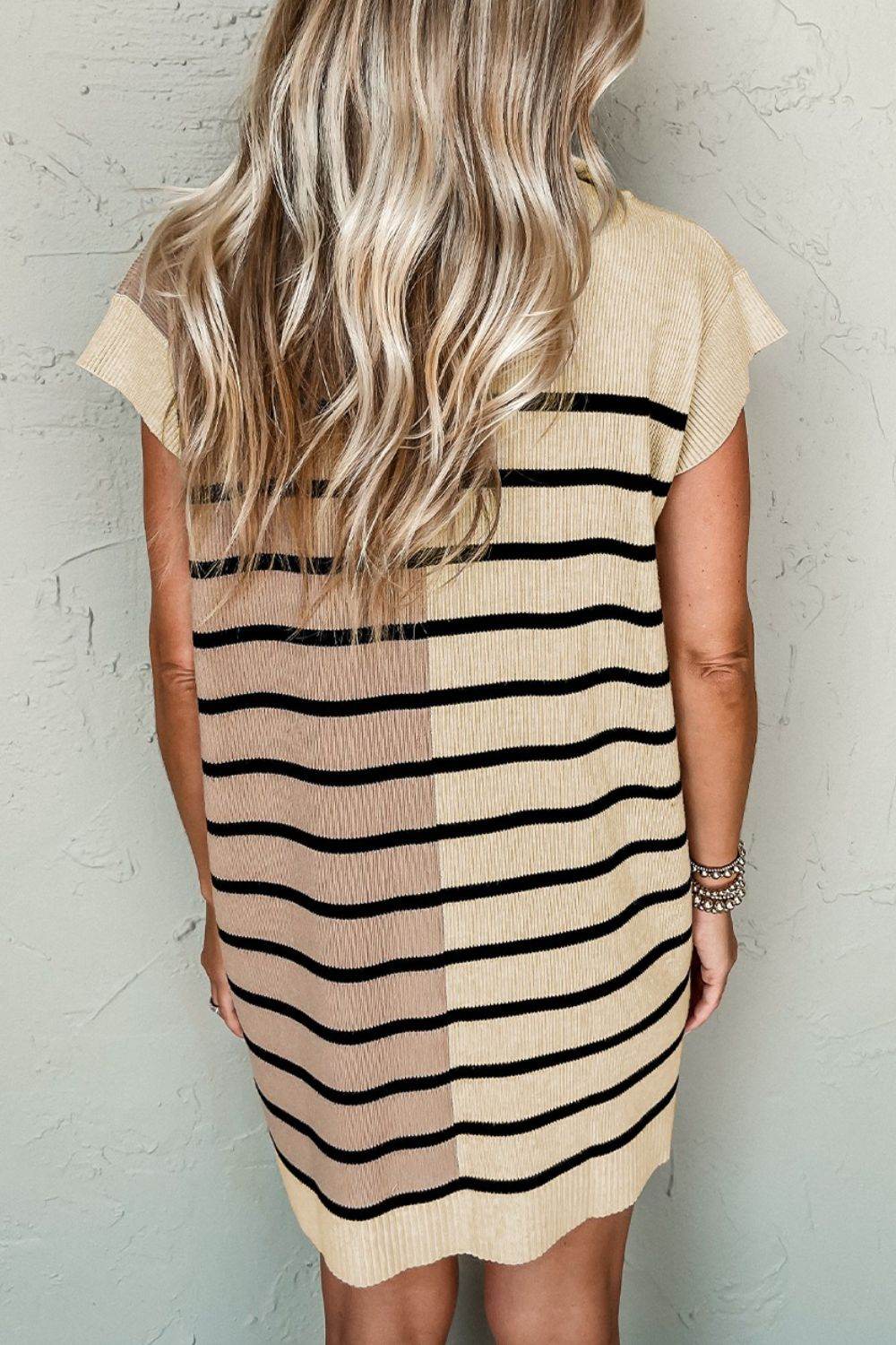 Striped Quarter Zip Cap Sleeve Sweater Dress - DaTrendStore.Com