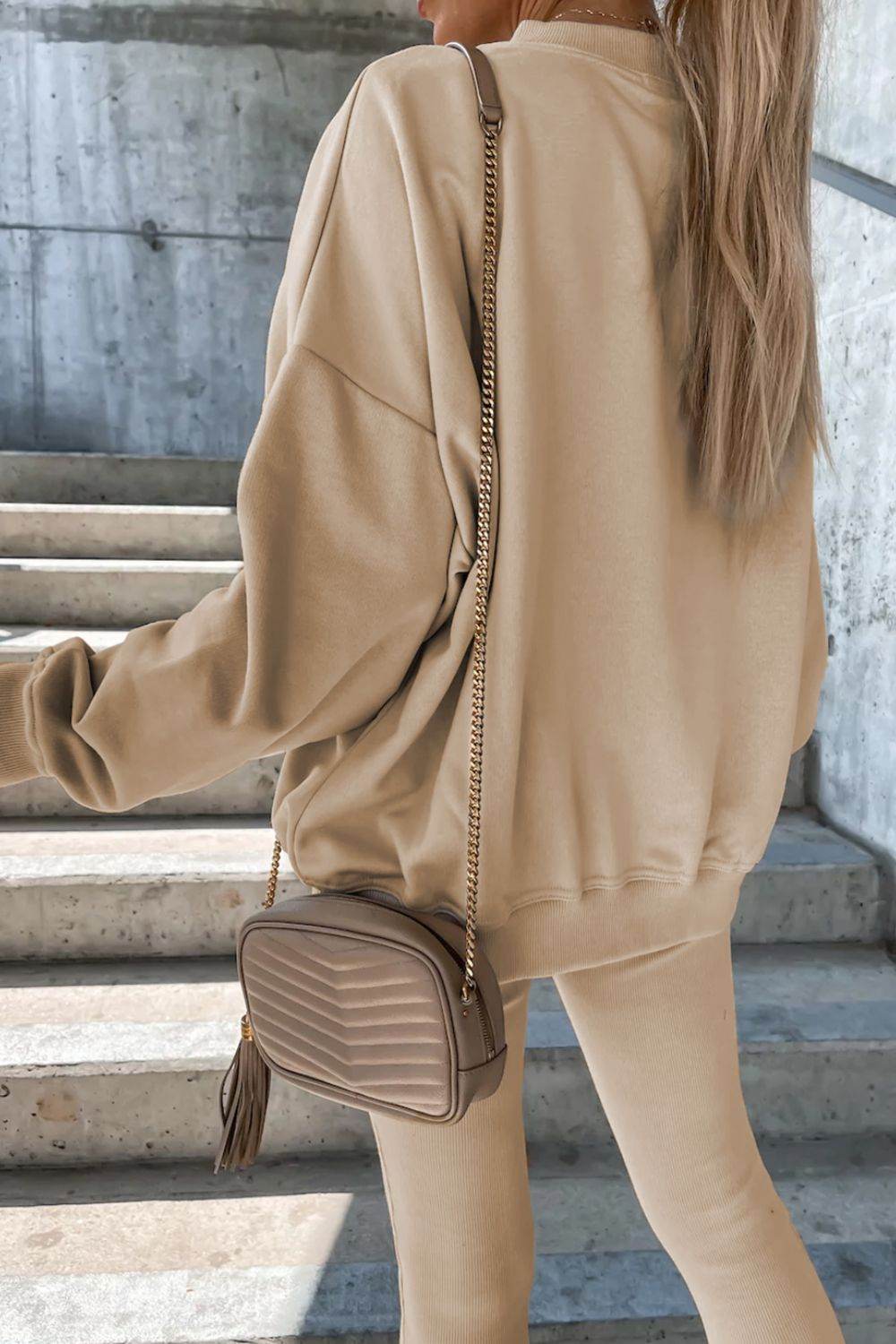 Round Neck Dropped Shoulder Sweatshirt and Pants Set - DaTrendStore.Com
