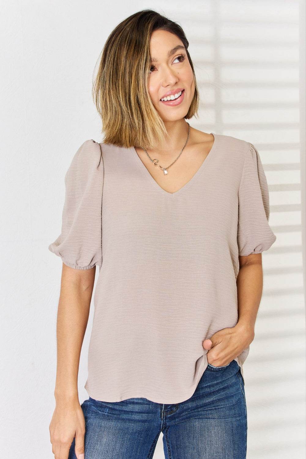Zenana V-Neck Puff Sleeve Top - DaTrendStore.Com