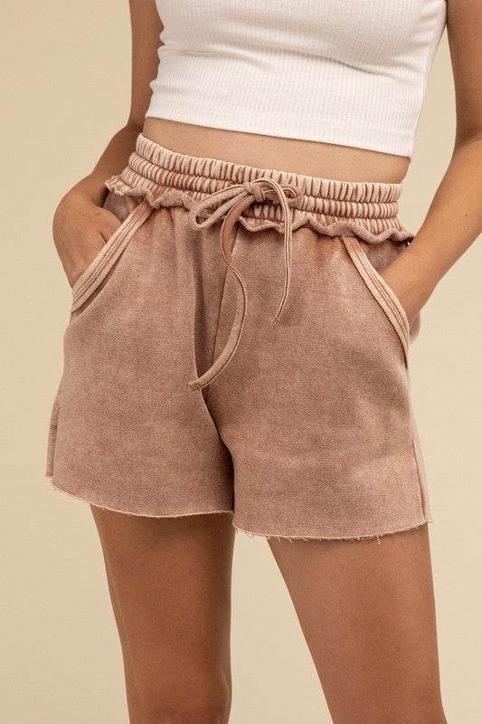 Acid Wash Fleece Drawstring Shorts with Pockets - DaTrendStore.Com