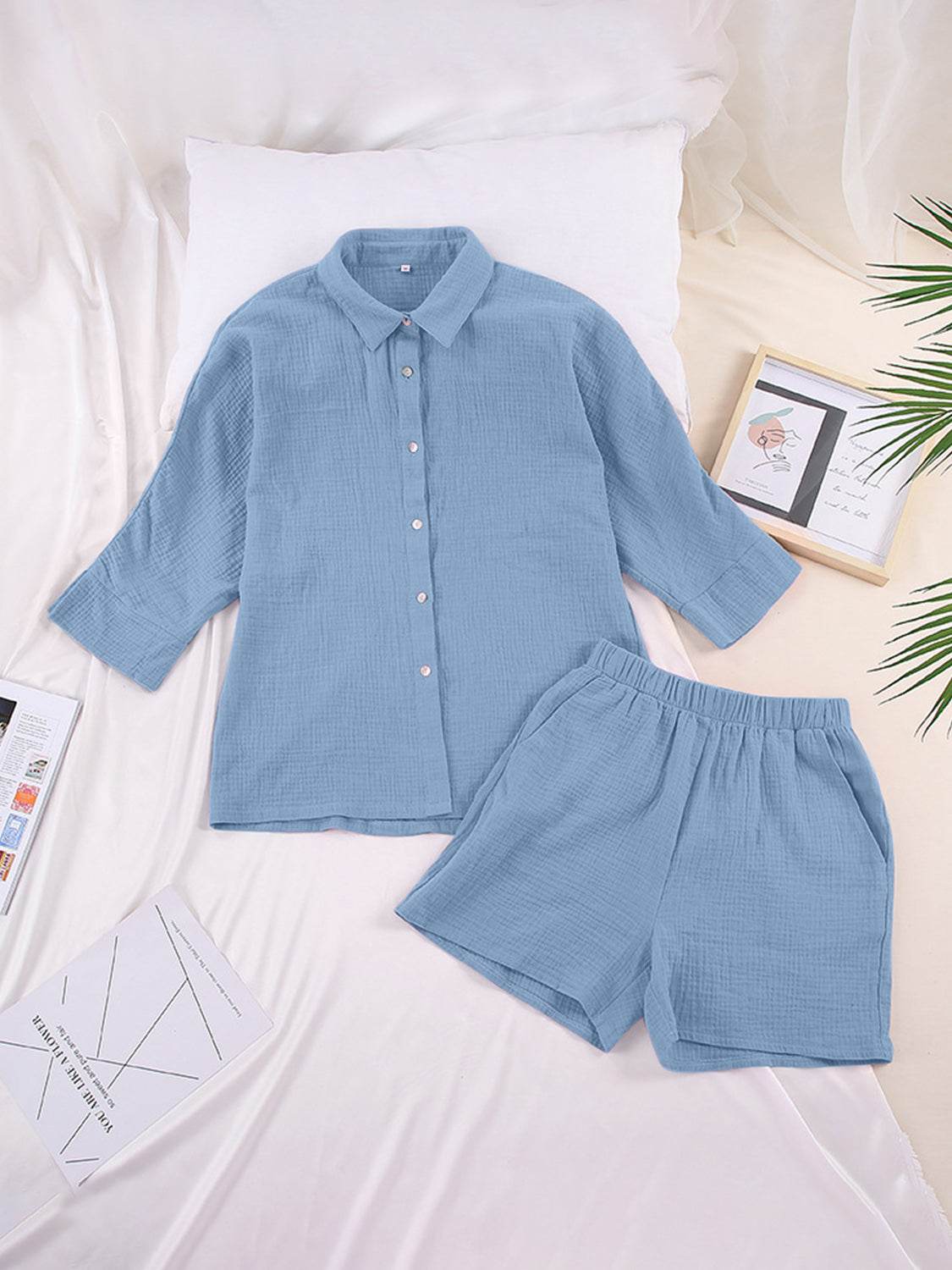 Texture Button Up Shirt and Shorts Set - DaTrendStore.Com