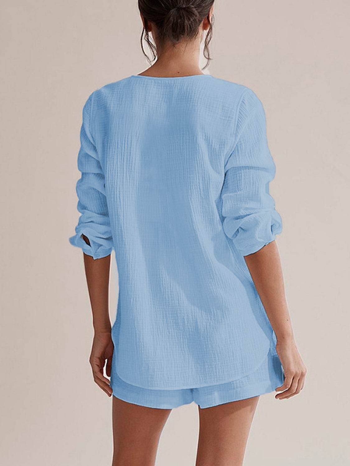 Notched Long Sleeve Top and Shorts Set - DaTrendStore.Com