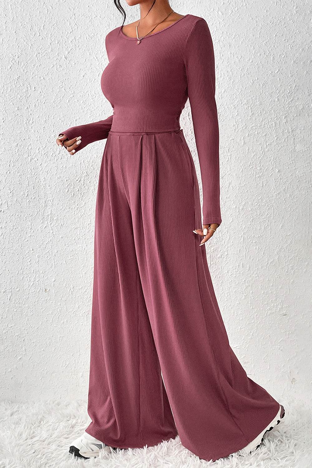 Ribbed Round Neck Top and Wide-Leg Pants Set - DaTrendStore.Com