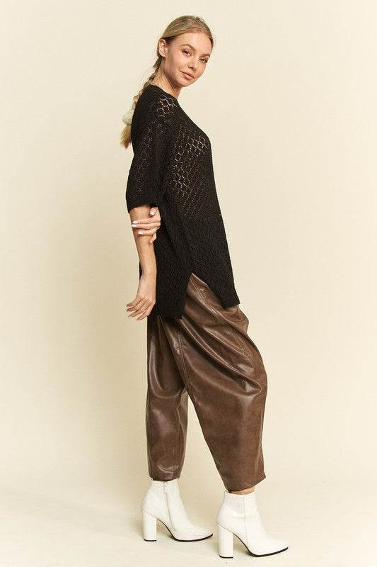 Davi & Dani Side Slit Openwork Round Neck Half Sleeve Knit Cover Up - DaTrendStore.Com