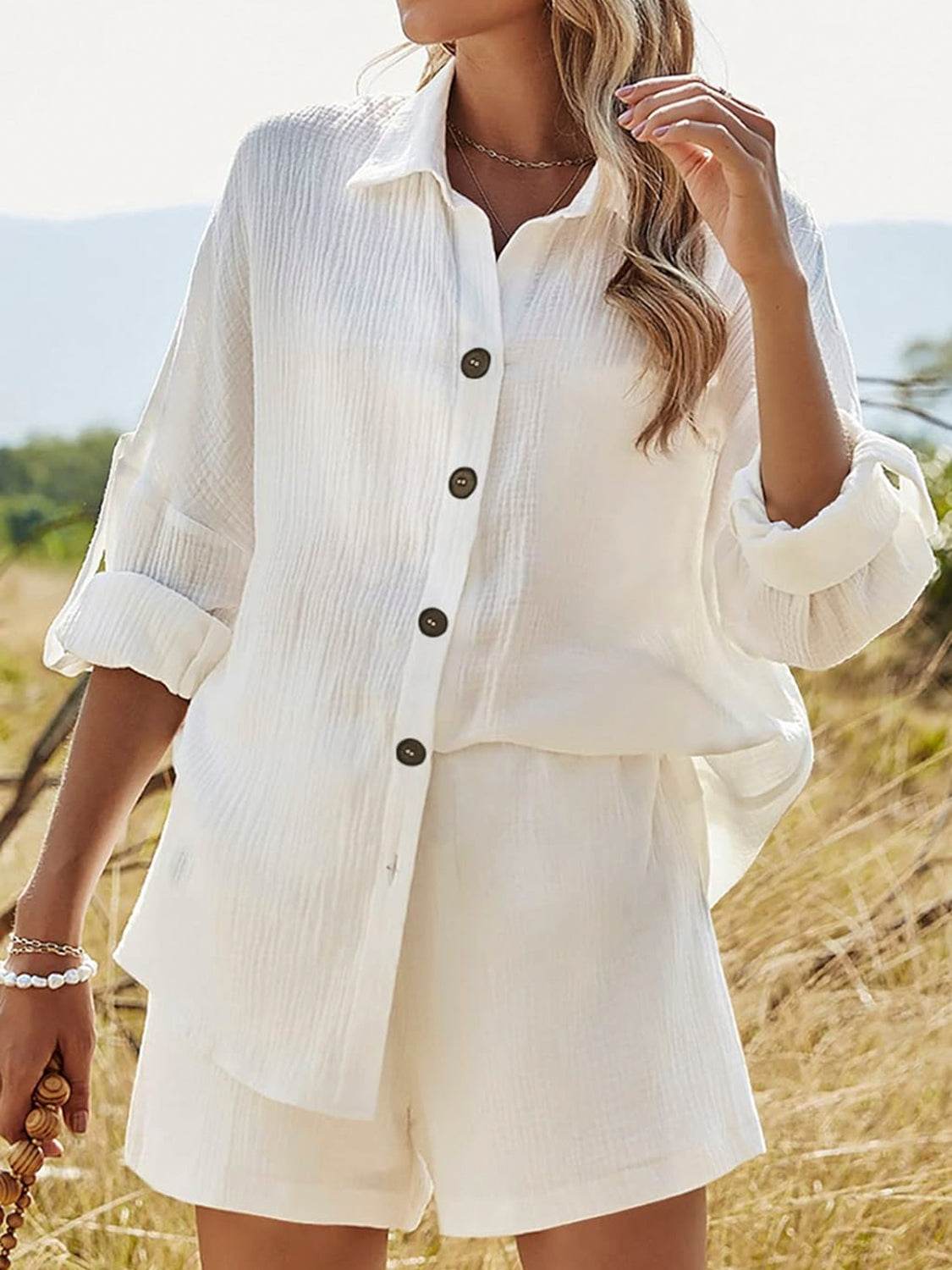 Texture Button Up Shirt and Shorts Set - DaTrendStore.Com