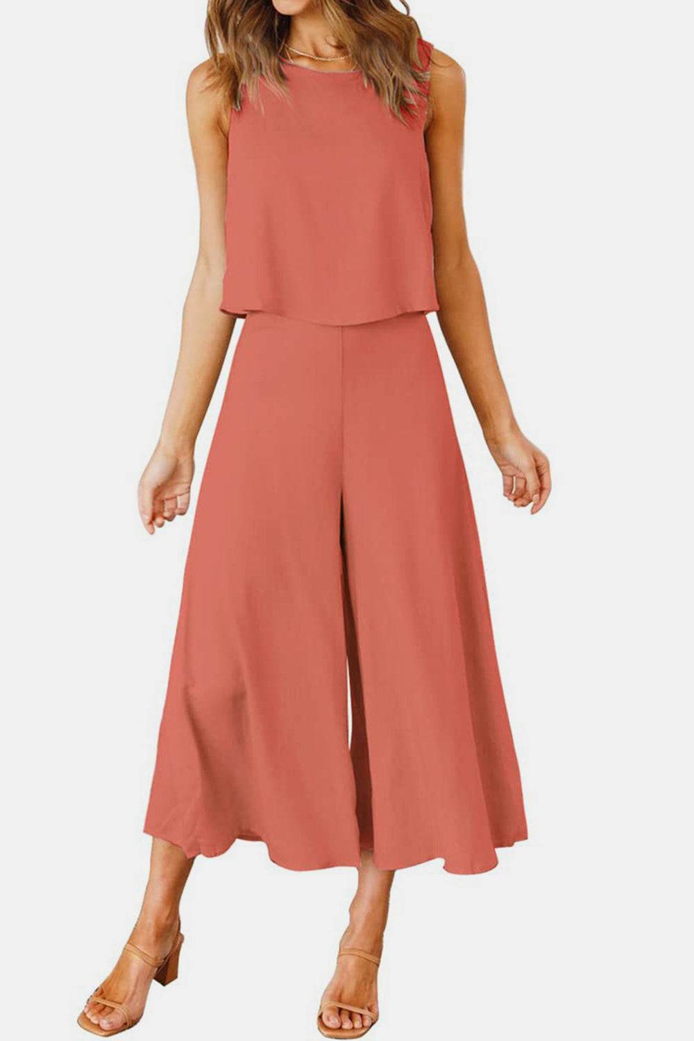 Round Neck Top and Wide Leg Pants Set - DaTrendStore.Com