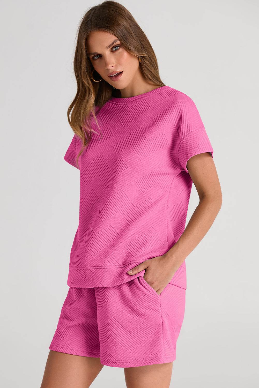 Textured Round Neck T-Shirt and Shorts Set - DaTrendStore.Com