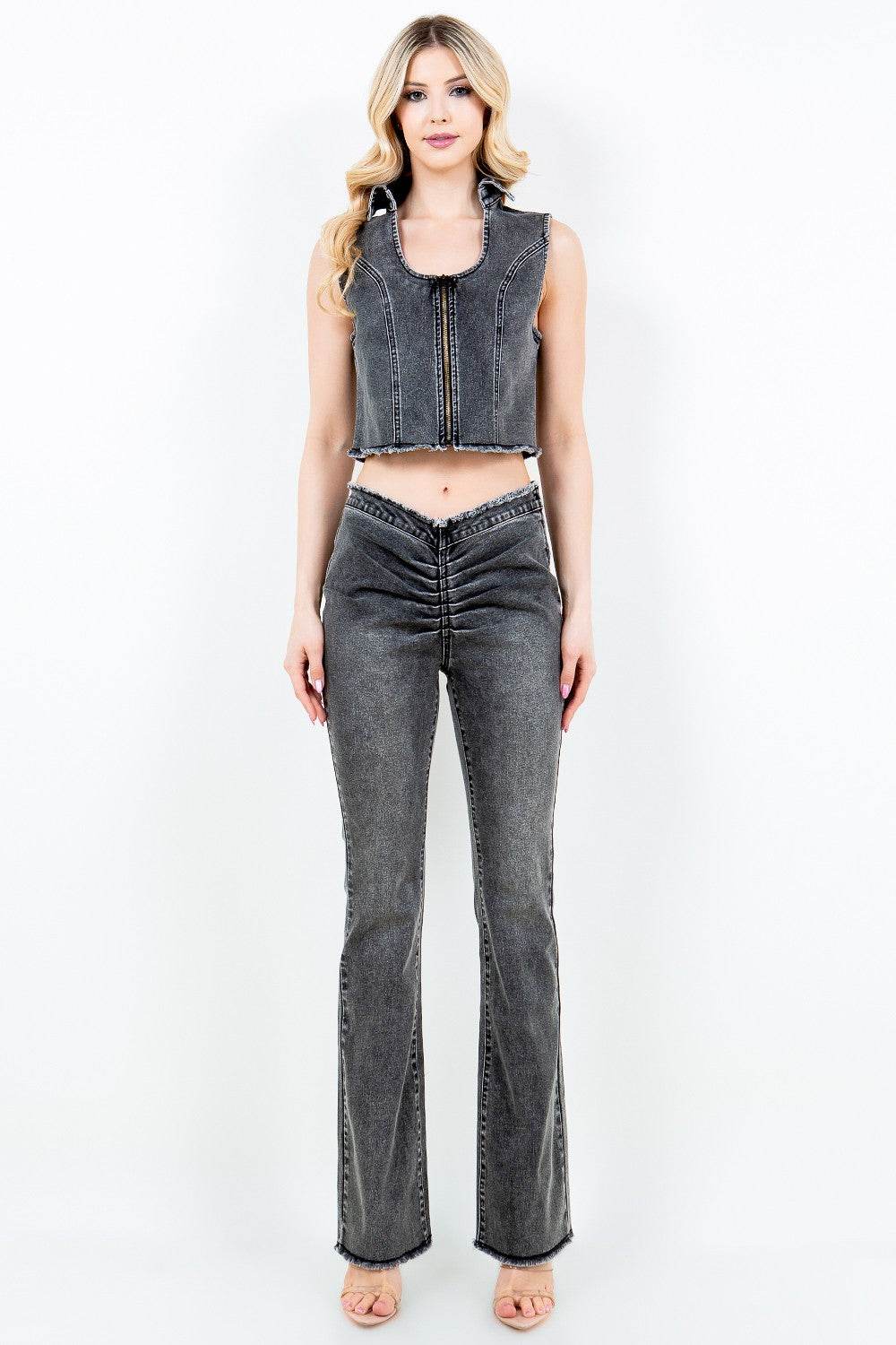 American Bazi V-Cut Ruched Flare Pants - DaTrendStore.Com