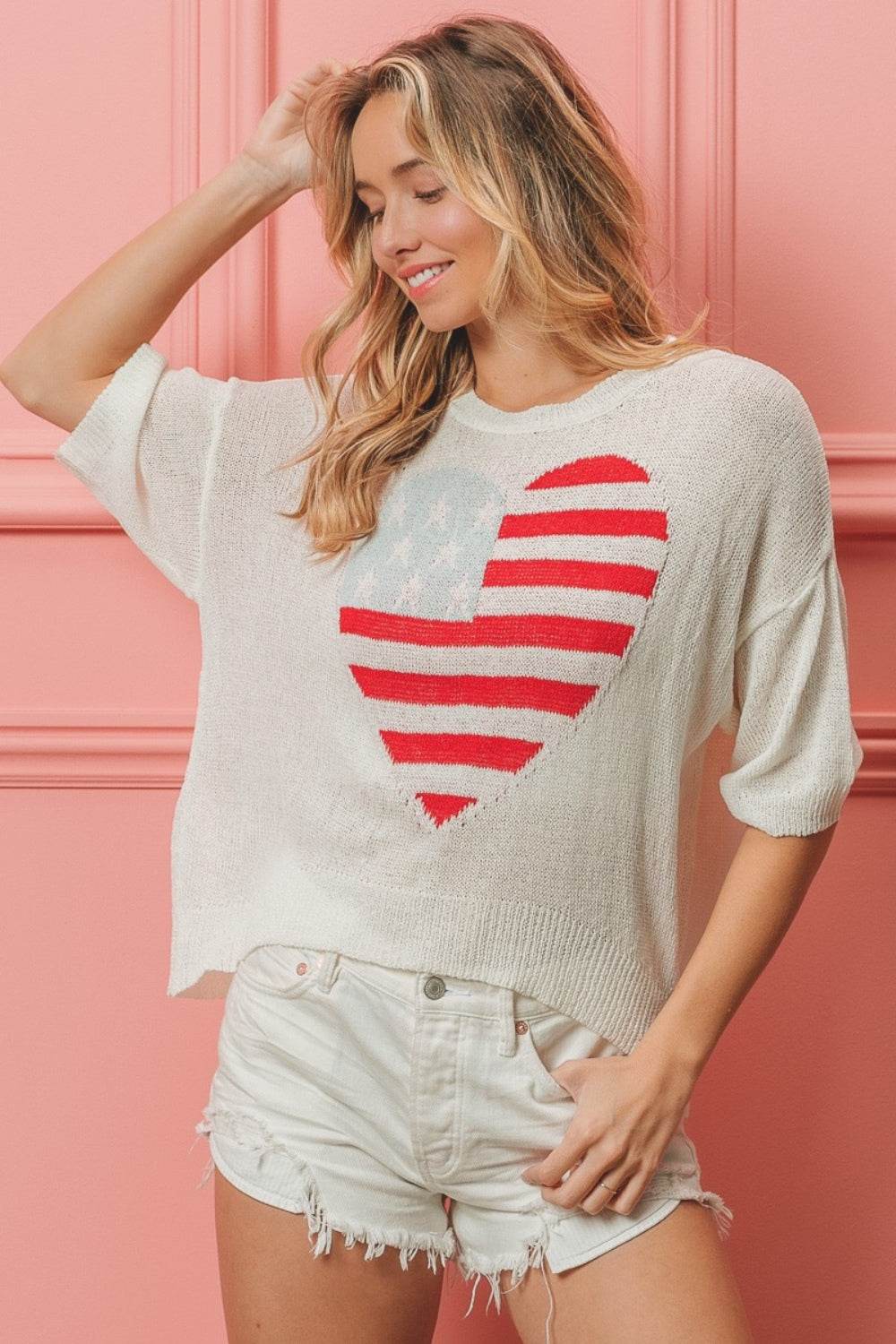 BiBi Striped Heart Contrast Knit Top - DaTrendStore.Com