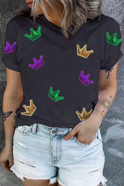 Plus Size Sequin Crown Print Round Neck T-Shirt - DaTrendStore.Com