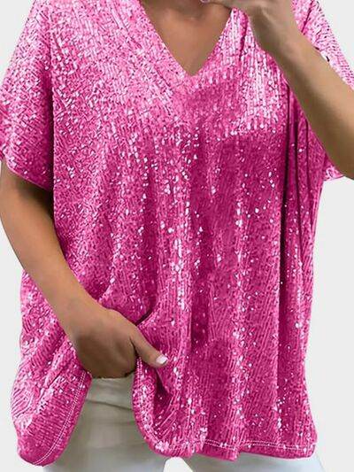 Full Size Sequin V-Neck Short Sleeve Top - DaTrendStore.Com