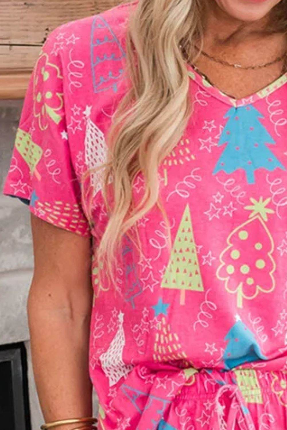 Printed V-Neck Short Sleeve Top and Pants Lounge Set - DaTrendStore.Com