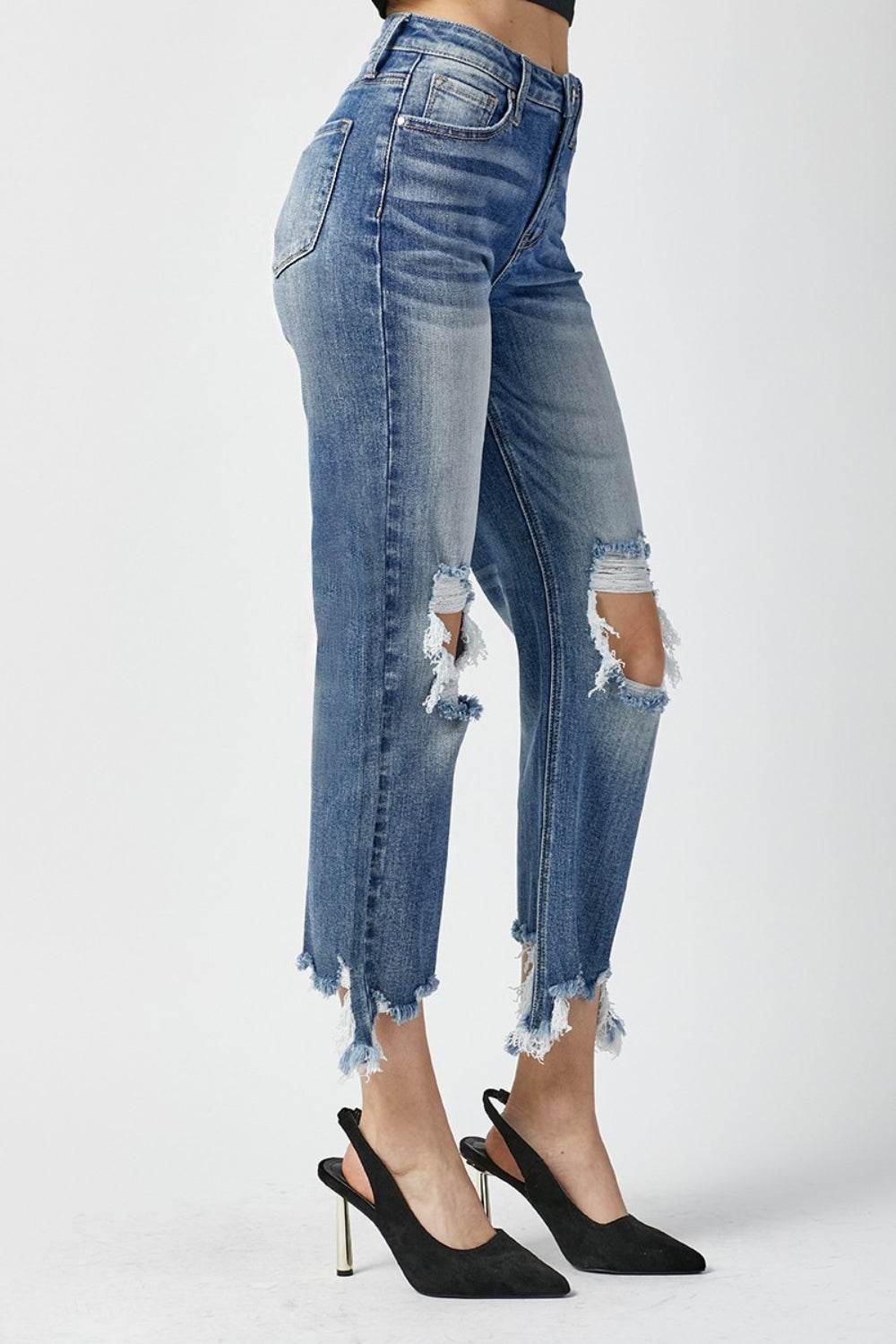 RISEN High Waist Distressed Frayed Hem Cropped Straight Jeans - DaTrendStore.Com