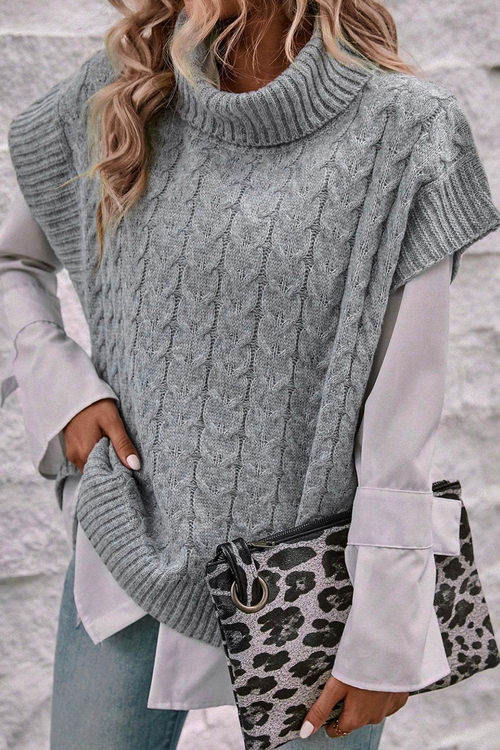 Cable Knit Turtleneck Short Sleeve Sweater - DaTrendStore.Com