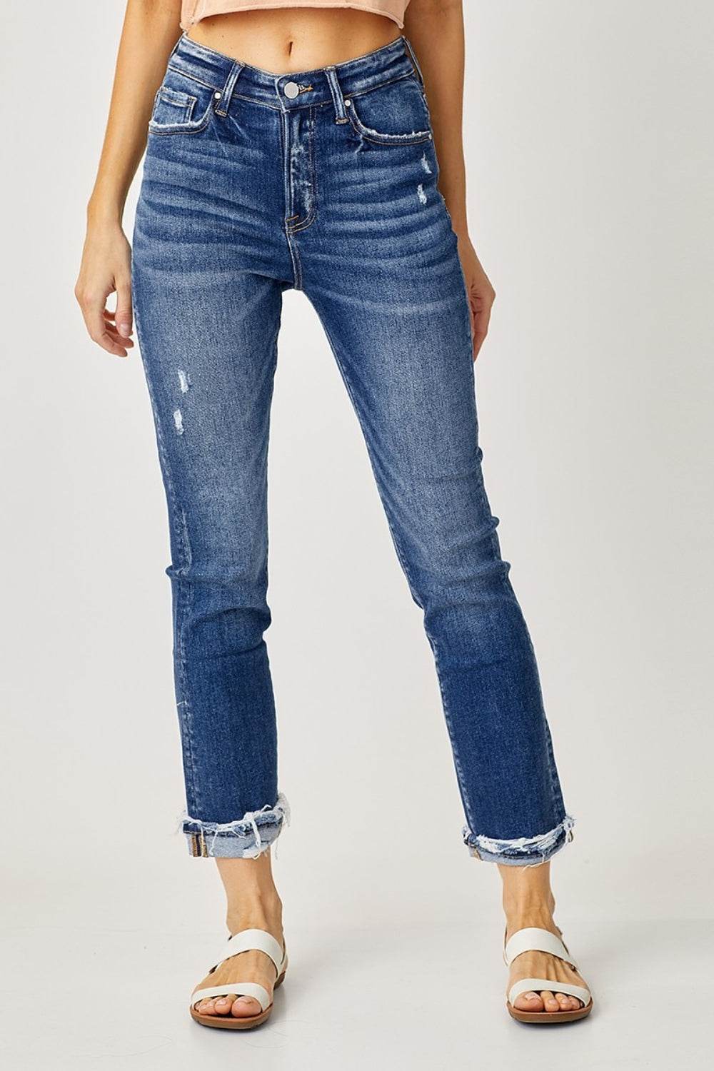 Risen Full Size High-Rise Frayed Cuffed Straight Jeans - DaTrendStore.Com