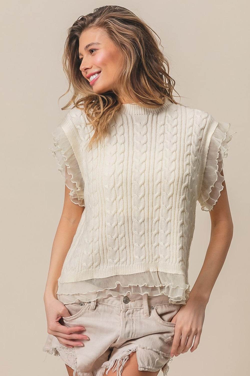 BiBi Layered Pleat Chiffon Edge Cable Knit Top - DaTrendStore.Com