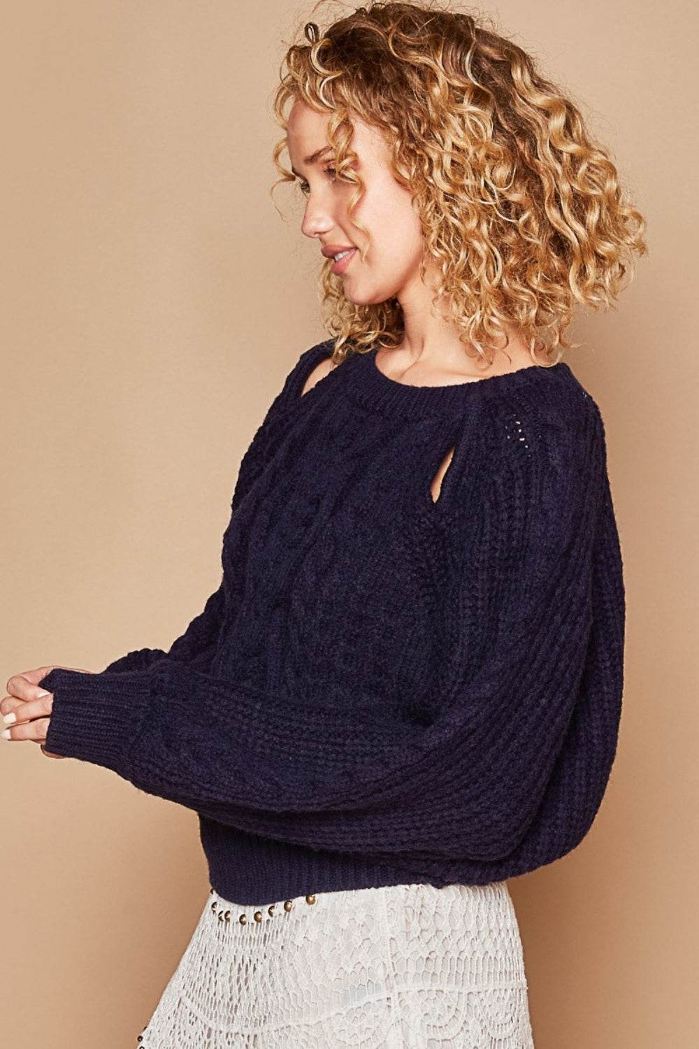 POL Cable Knit Cutout Long Sleeve Sweater - DaTrendStore.Com