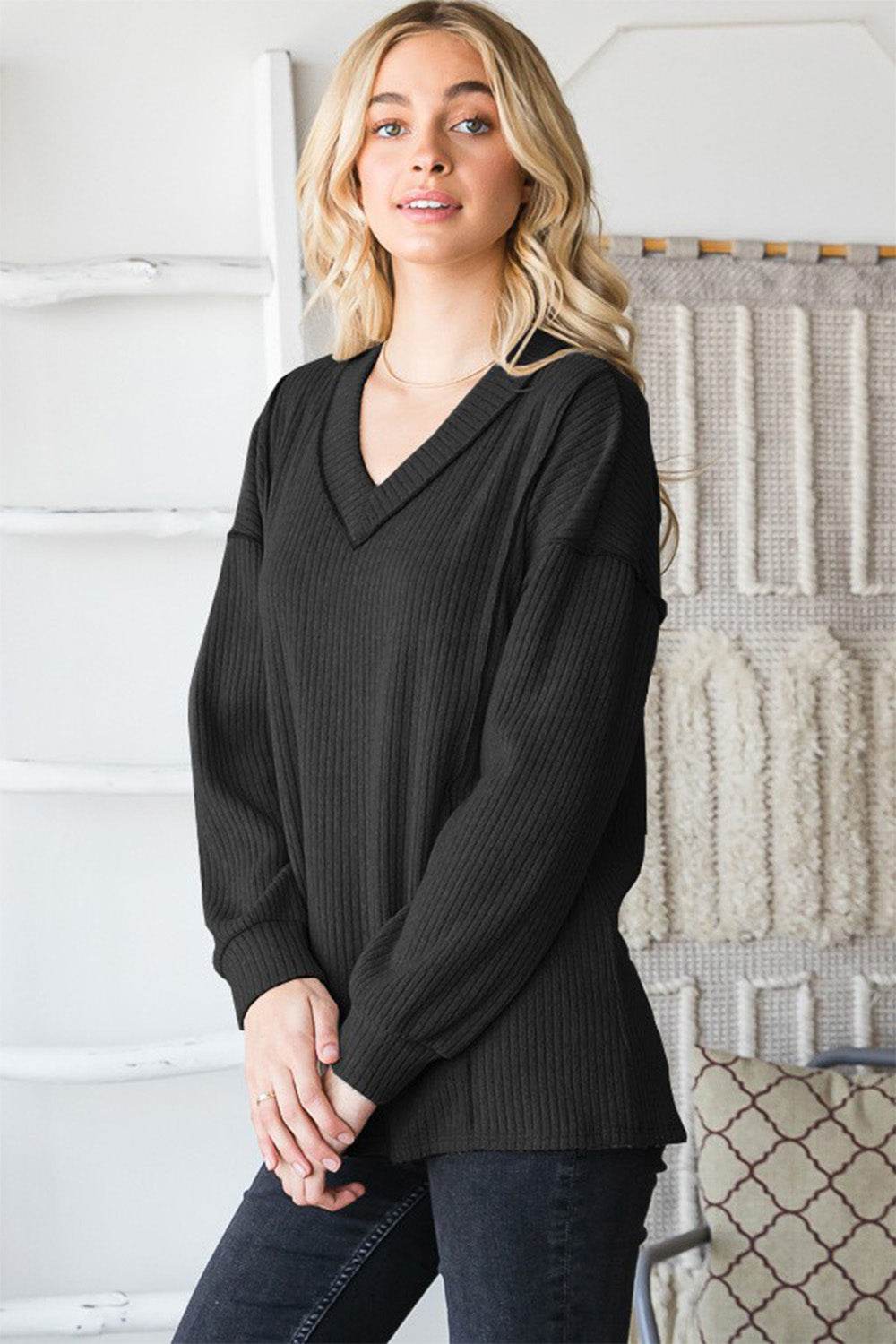 Heimish Full Size Ribbed V-Neck Exposed Seam Top - DaTrendStore.Com