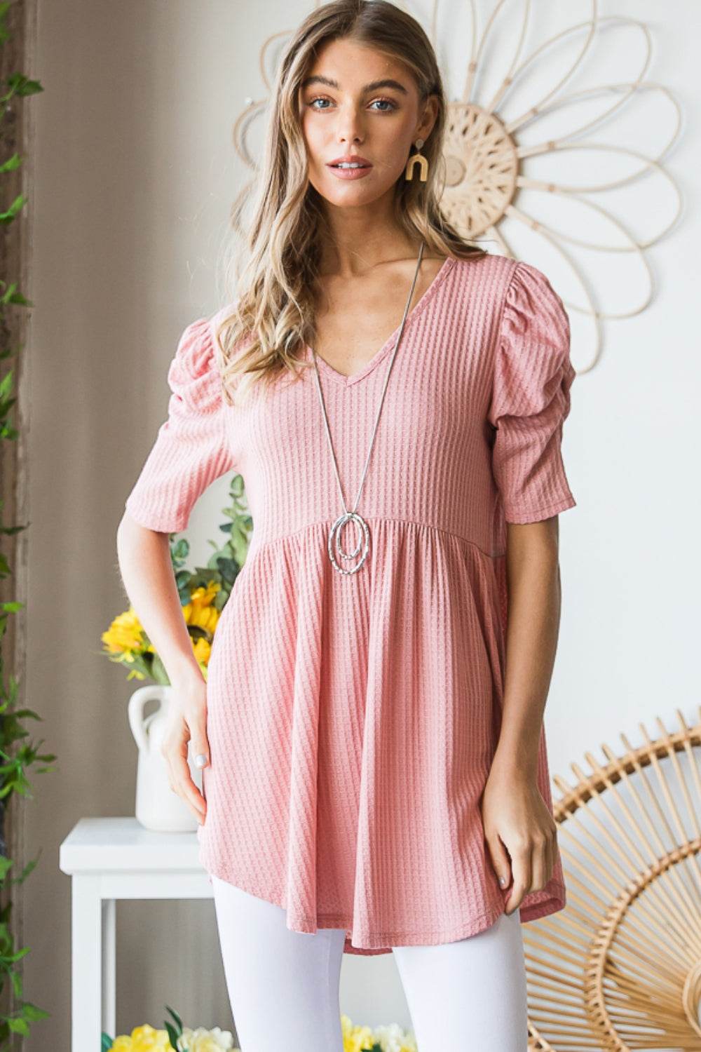 Heimish Full Size Waffle Knit V-Neck Babydoll Top - DaTrendStore.Com