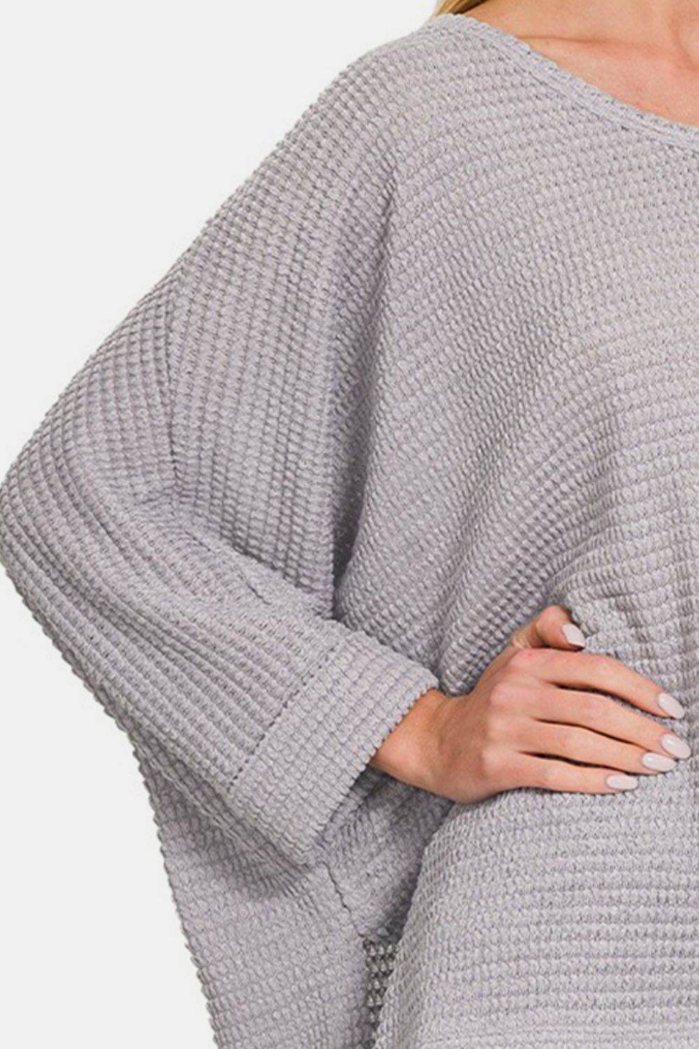 Zenana Waffle Knit V-Neck Long Sleeve Slit Top - DaTrendStore.Com