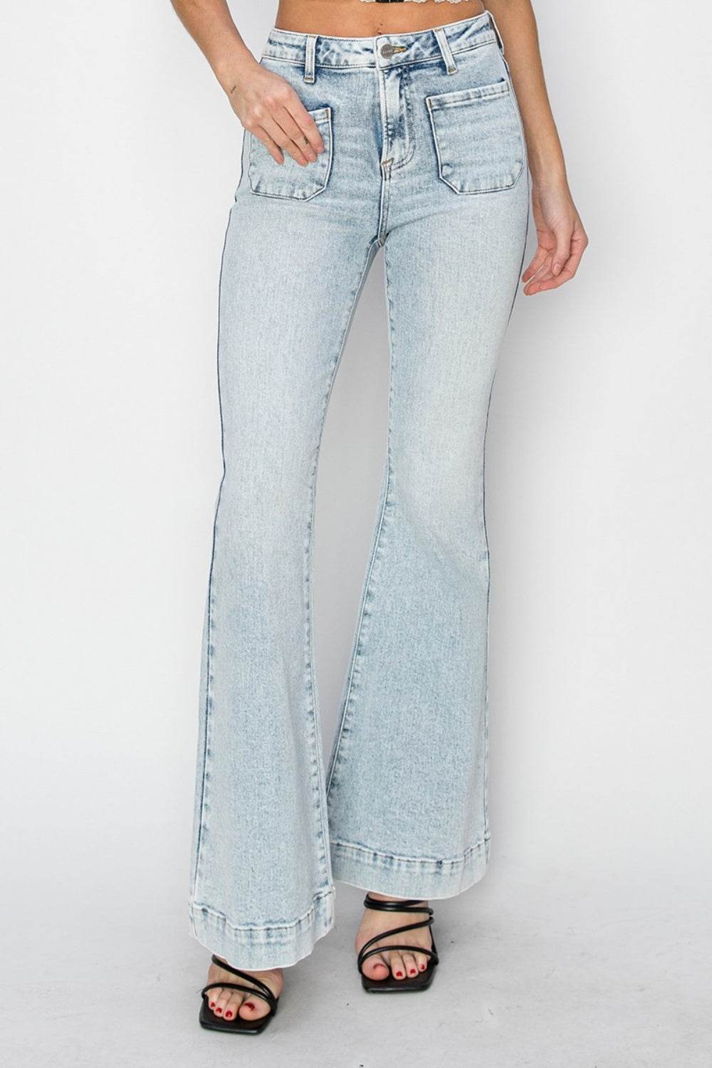 Risen Full Size High Rise Front Patch Pocket Flare Jeans - DaTrendStore.Com
