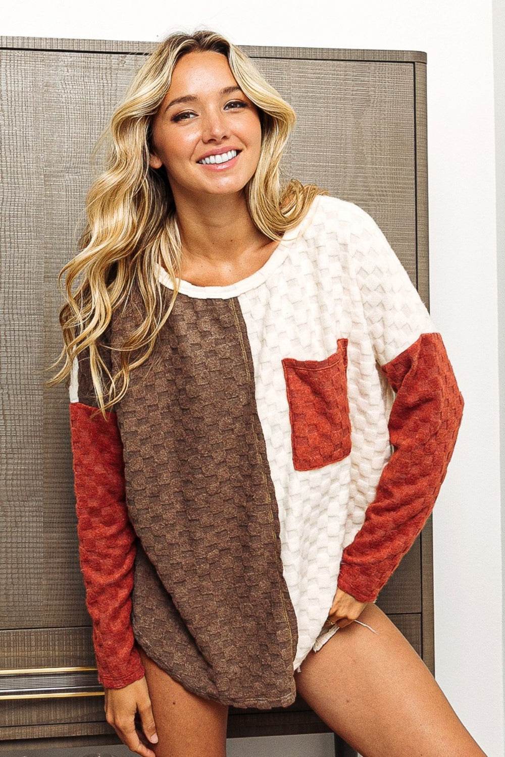 BiBi Color Block Brushed Checker Top - DaTrendStore.Com