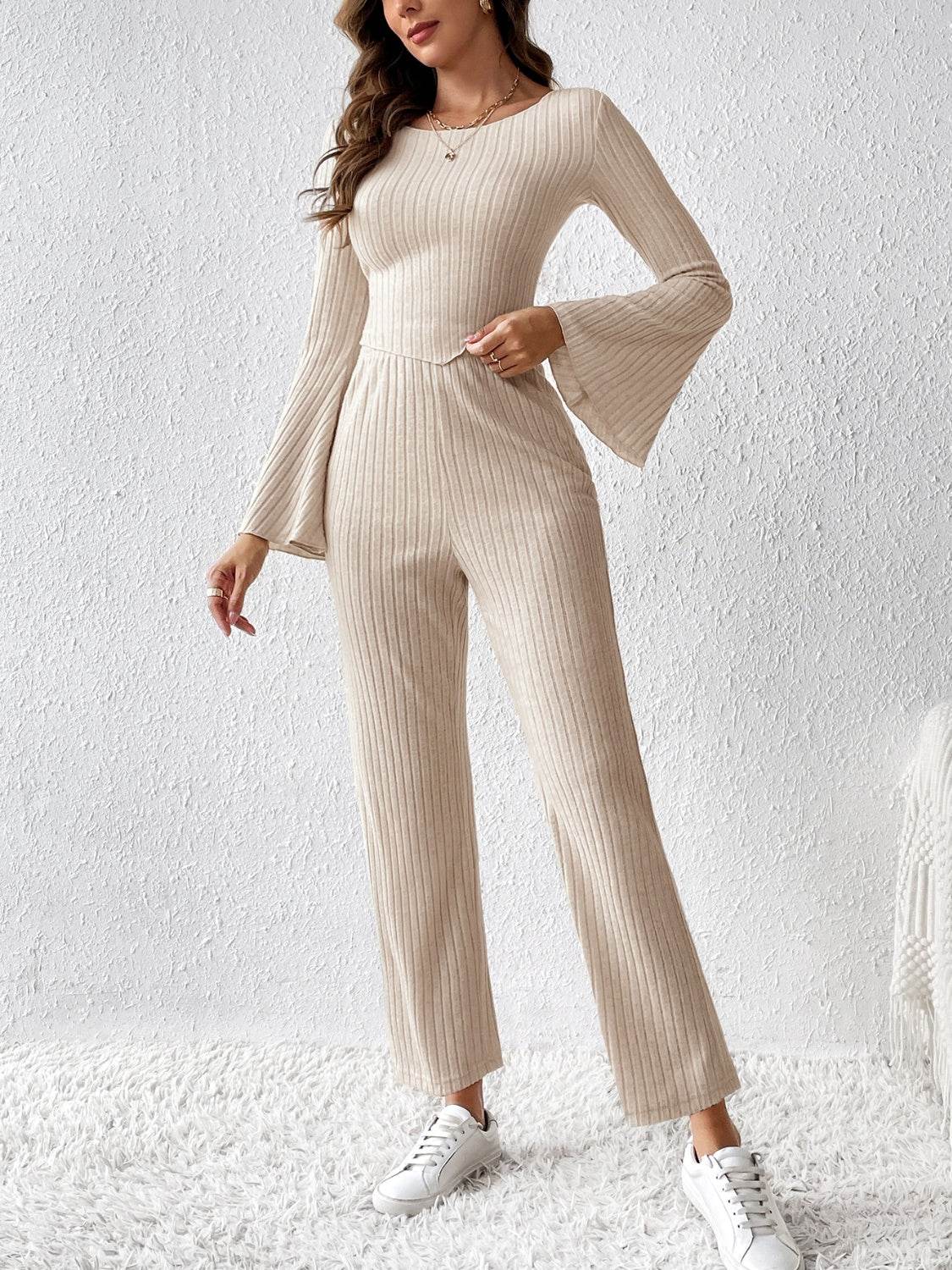 Ribbed Flare Sleeve Top and Pants Set - DaTrendStore.Com