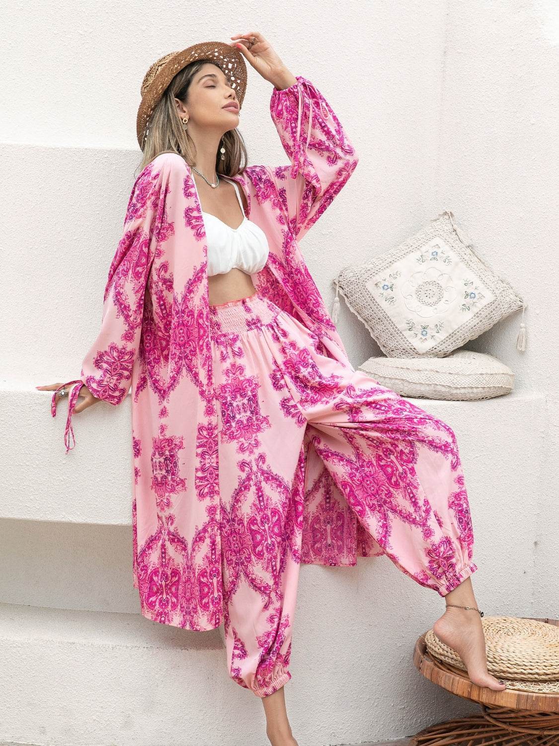 Printed Open Front Top and Pants Set - DaTrendStore.Com