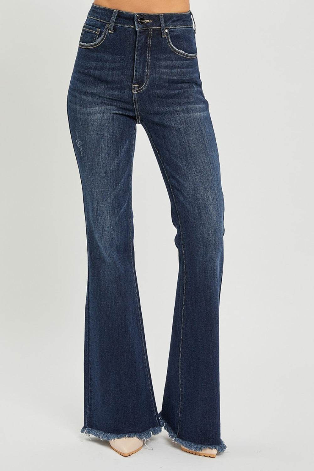RISEN High Waist Raw Hem Flare Jeans - DaTrendStore.Com
