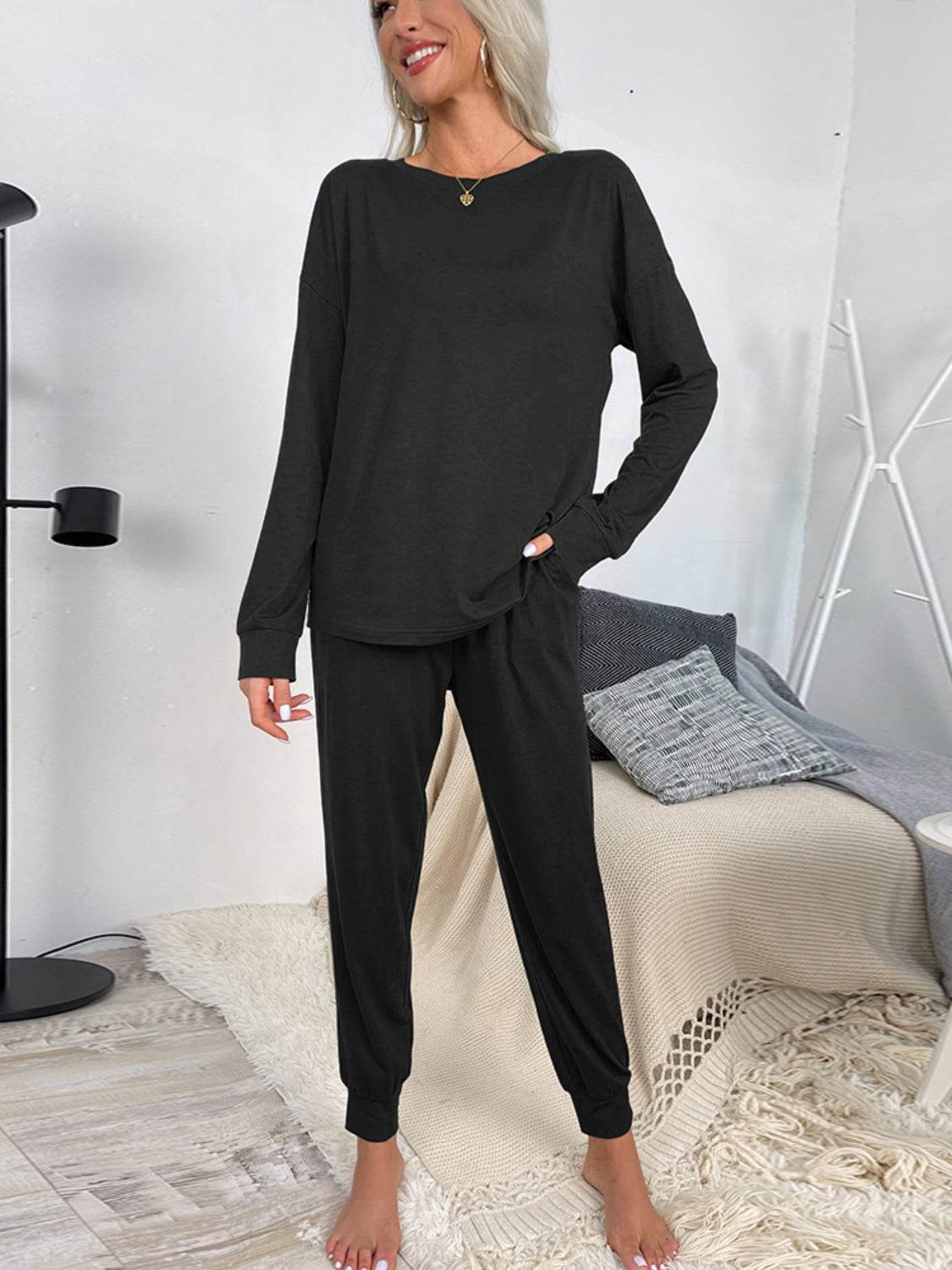Shiny Round Neck Top and Drawstring Pants Lounge Set - DaTrendStore.Com