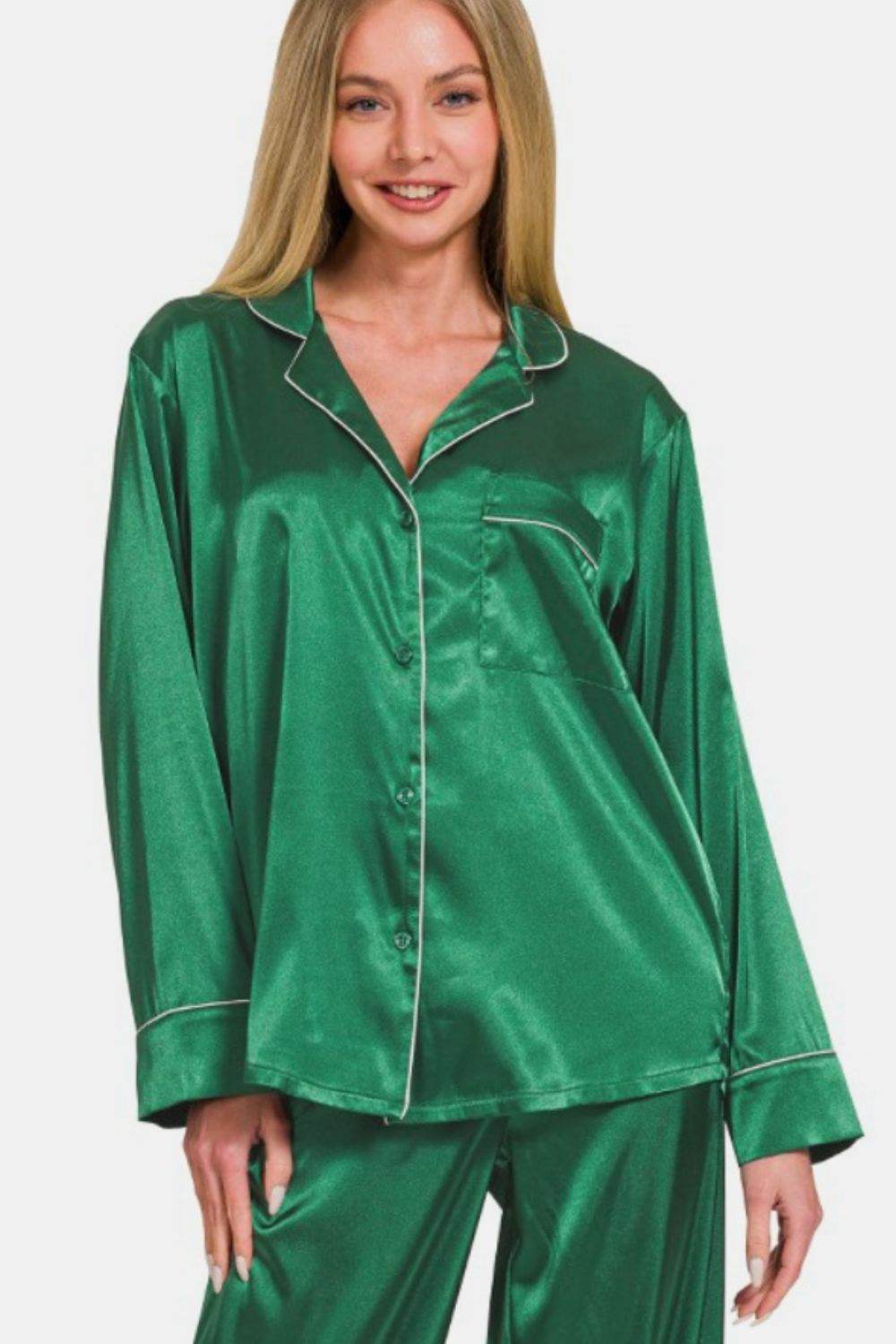 Zenana Satin Long Sleeve Shirt and Pants Pajama Set - DaTrendStore.Com