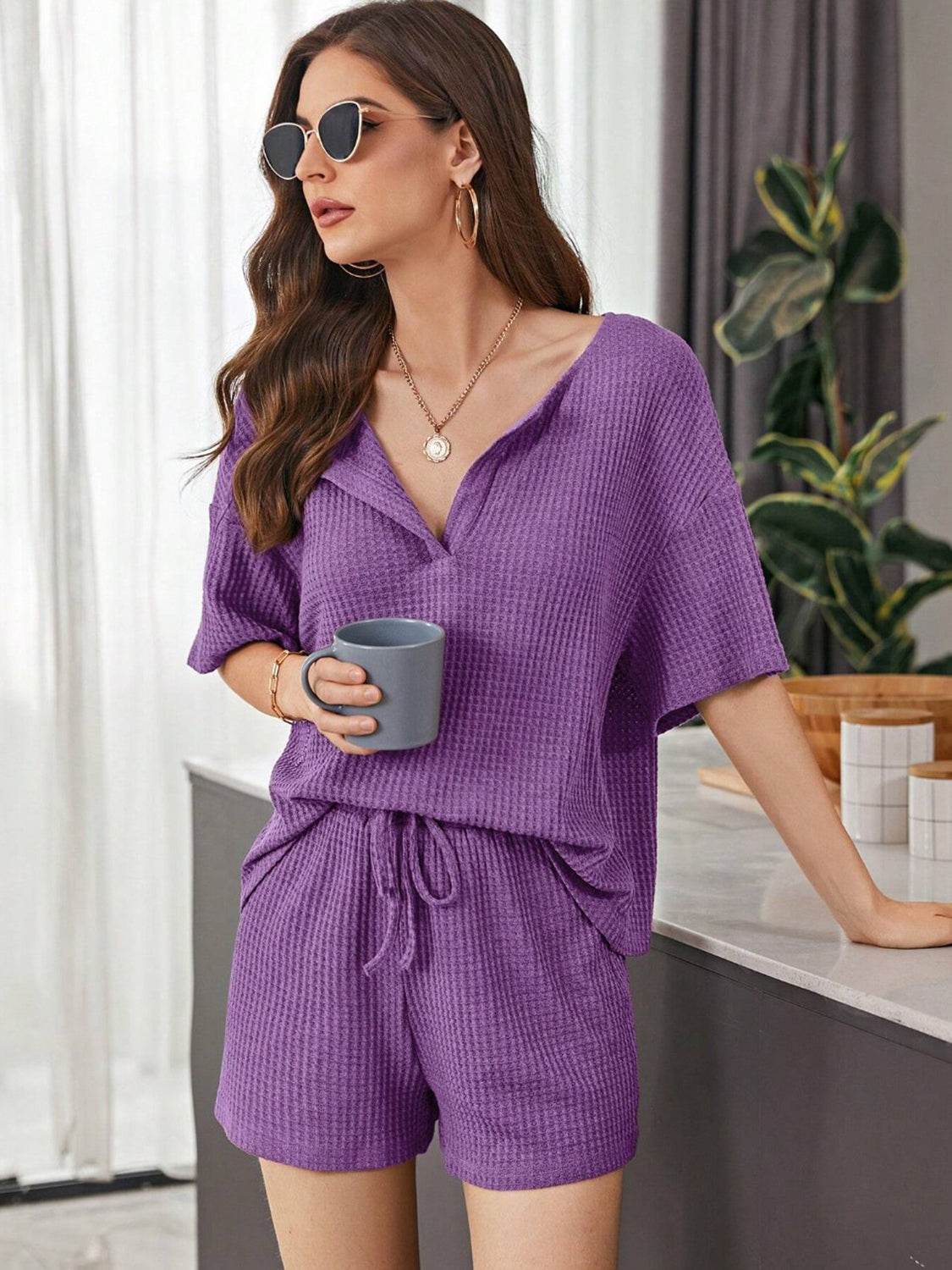 Full Size Waffle-Knit Dropped Shoulder Top and Shorts Set - DaTrendStore.Com