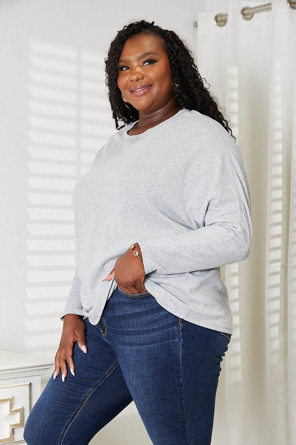 Double Take Seam Detail Round Neck Long Sleeve Top - DaTrendStore.Com