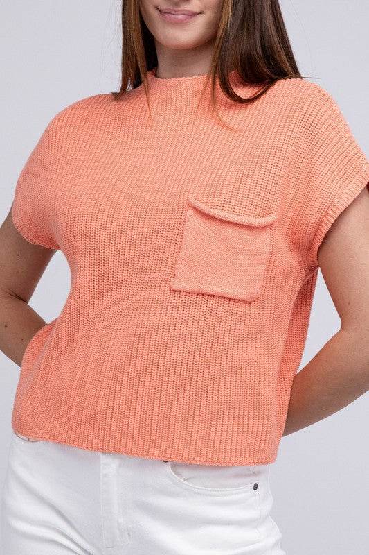 Mock Neck Short Sleeve Cropped Sweater - DaTrendStore.Com