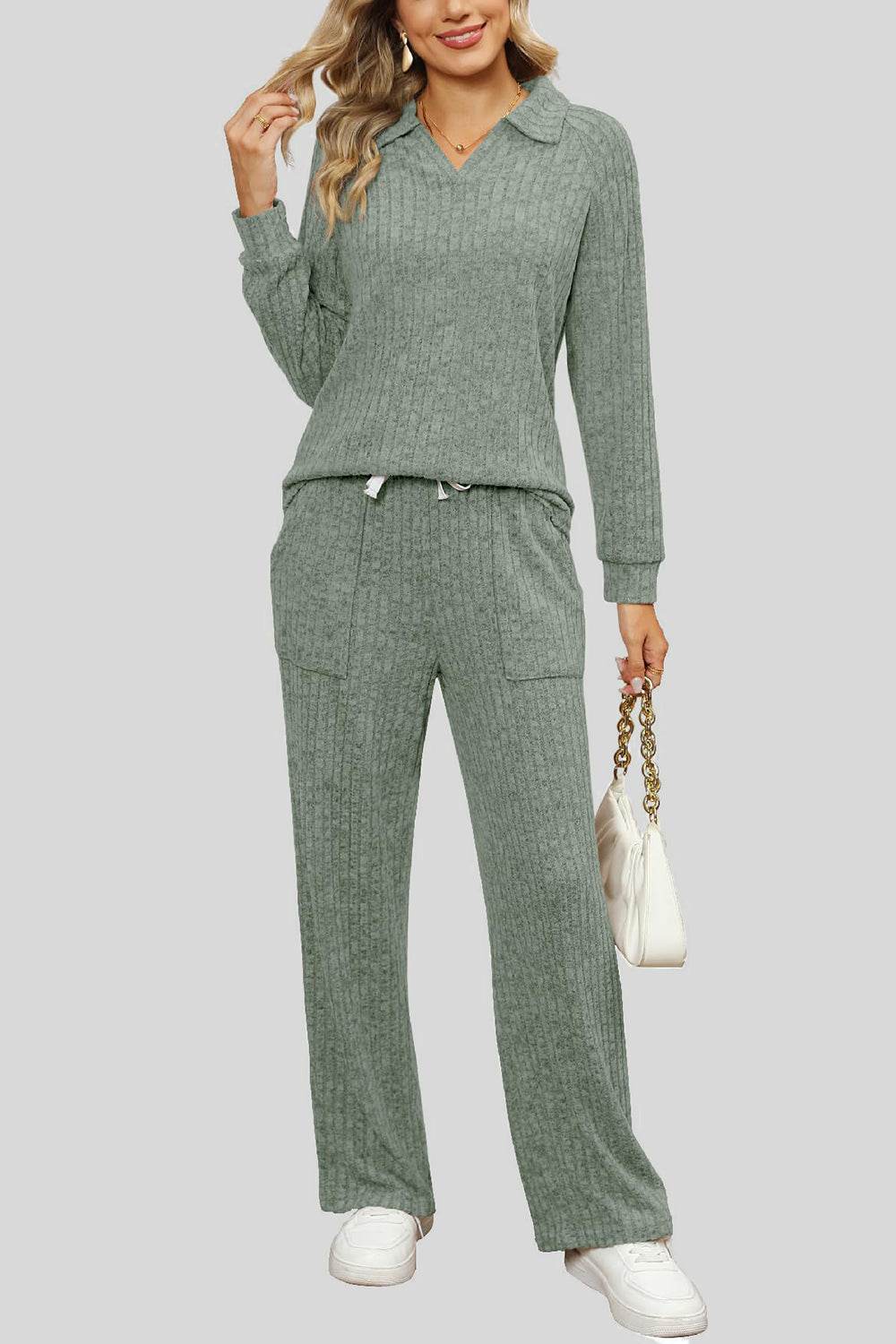 Ribbed Long Sleeve Top and Pocketed Pants Set - DaTrendStore.Com