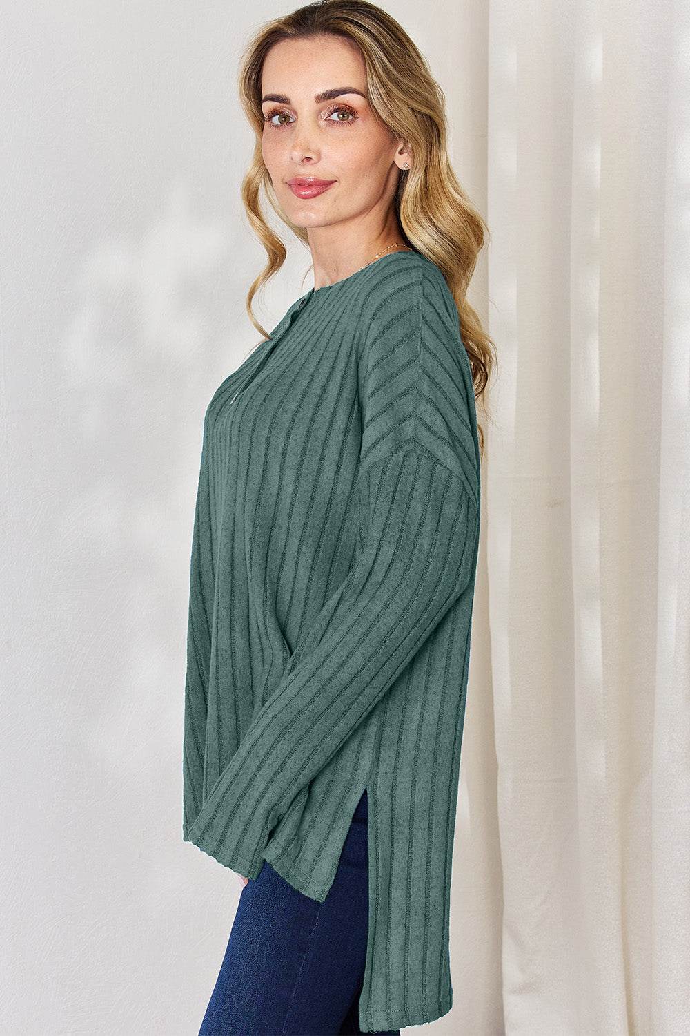 Basic Bae Full Size Ribbed Half Button Long Sleeve High-Low T-Shirt - DaTrendStore.Com