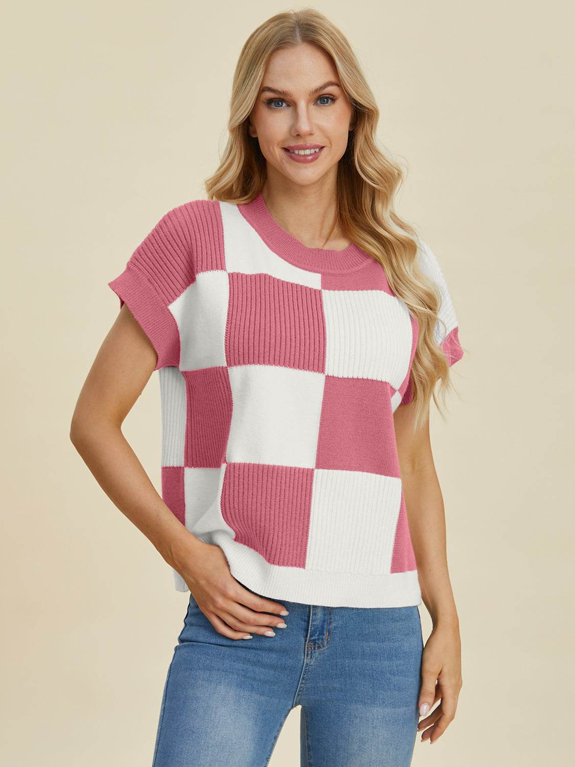 Double Take Full Size Checkered Round Neck Short Sleeve Sweater - DaTrendStore.Com
